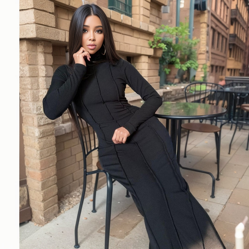 Europe and America Cross Border Now 2023 Autumn New Arrival Fashion Pure Color Skinny Sheath Long Sleeves Elegant Knitting Female Dress